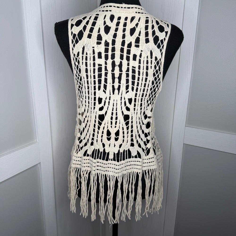 Love Tree Crochet Fringe Vest Womens Large Cream Boho Open Front Knit Layering - Picture 3 of 7